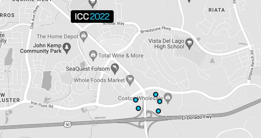 A map of Folsom, CA showing the location of ICC 2022, at the Harris Center